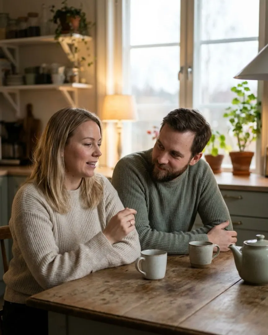 Par sidder tæt ved køkkenbordet med hver sin kop te og taler roligt sammen